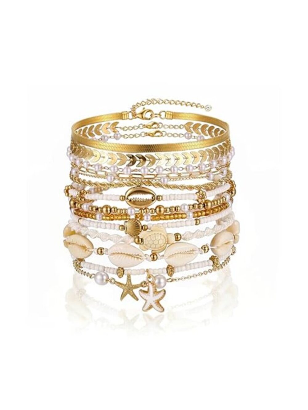 Boho Summer Beach Gold Pearl Bracelet Set